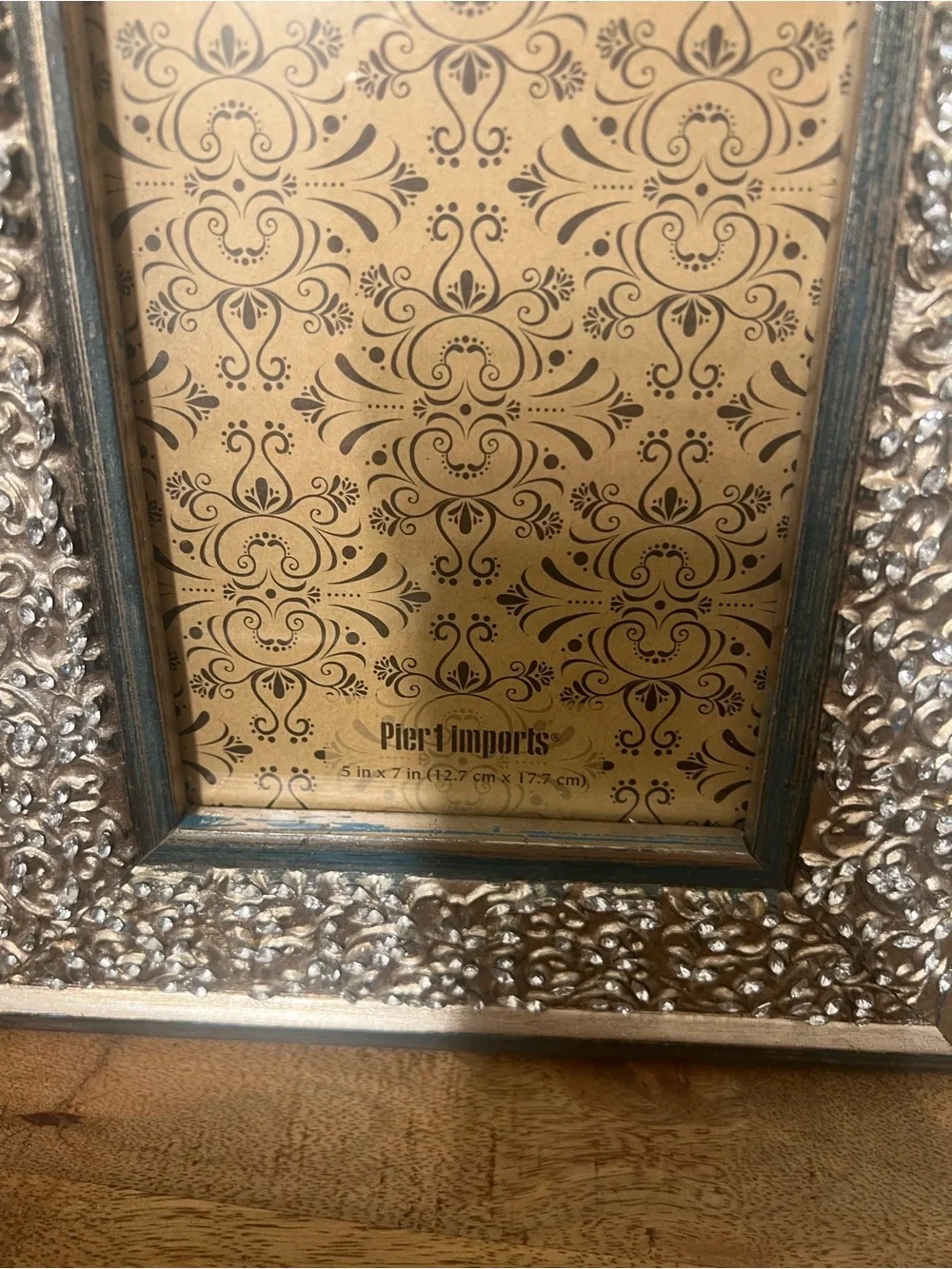 Pier 1 Silver and Teal Embossed Ornate with rhinestones Picture Frame